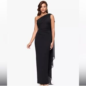 Xscape Black One-Shoulder Train Elegant Gown Long Dress size 12 NWT